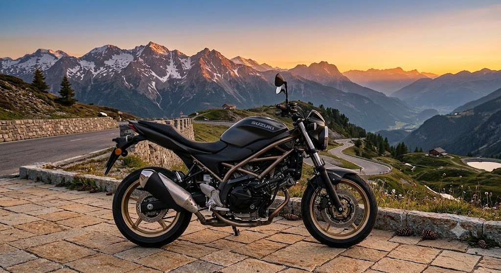 Suzuki SV650 Motorrad vor Bergkulisse